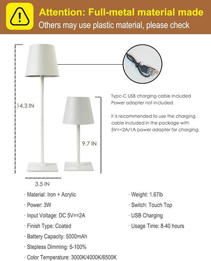 Cordless Table Lamp, Rechargeable Table Lamp with Touch Dimmable Control, Portable LED Desk Lamp for Indoor Patio (White-Rectangle, 2)