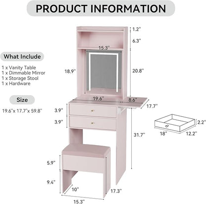 ARTETHYS Small Vanity Desk Set with 3 Adjustable Lighted Mirrors and Lights, Pink Makeup Vanities Set for Compact Space with Storage Stool White Dressing Table with Fold-up Panel for Bedroom