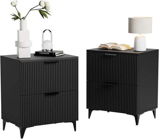 Royal Windsor Small Fluted Nightstand Set of 2 with 2 Drawers, Side End Table, Small Accent Storage Cabinet, Modern Night Stand Bedside Table for Bedroom Full Size Bed, Black