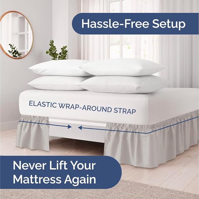 Wrap Around Dust Ruffle Bed Skirt - Light Grey - for King Size Beds with 15 Inch Drop - Elastic Strap - Adjustable Pleated Bedskirt with Brushed Fabric and Wrinkle Free - for Women, Men, Kids & Teens