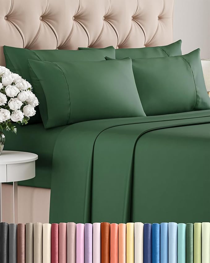 Full 6 Piece Sheet Set - Cooling, Comfy & Breathable - Hotel Luxury Bedding, Includes Fitted Sheet for Women, Men, Kids and Teens - 1 Flat, 1 Fitted Sheet, 4 Pillowcases with Deep Pockets - Emerald