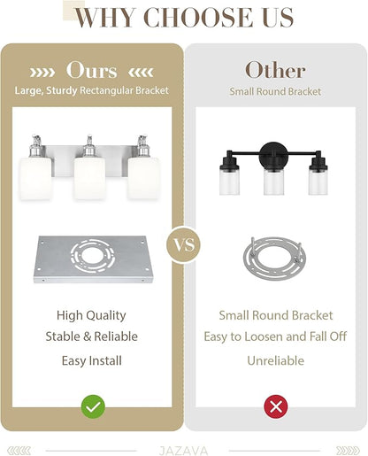 Milk Glass Bathroom Light, 3-Light Vanity Light Fixture, Brushed Nickel Wall Sconce, VL01BNW-3
