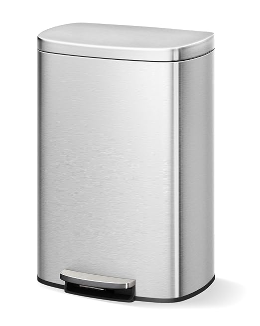 GarveeHome Stainless Steel Kitchen Trash Can, 13 Gal / 50 L Step-On Garbage Bin with Soft Close Lid, Large Rustproof Metal Trash Can for Kitchen, Silver