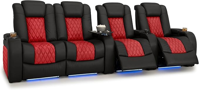 Seatcraft Diamante Zero-Gravity CoolZero Italian Leather Home Theater Seating, Power Headrest, Power Recline, Row of 5 Left Loveseat, Black/Red