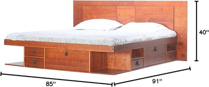 memomad Bali Slim Set: Storage Platform Bed with Drawers + Flat Panel Headboard (King Size, Caramel Brown Wood)