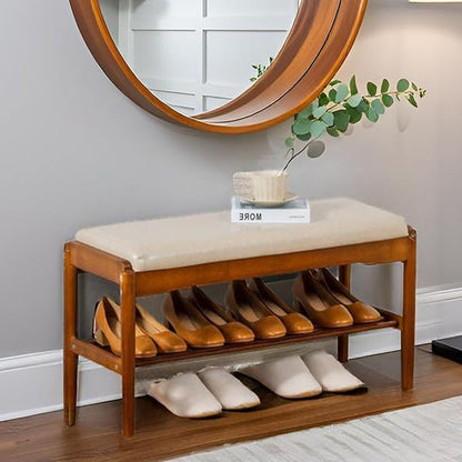latifolia Small Shoe Bench, Solid Wood Bench with Cushion, 2 Tier Shoe Storage Organizer for Entryway(Walnut,31.50''L)