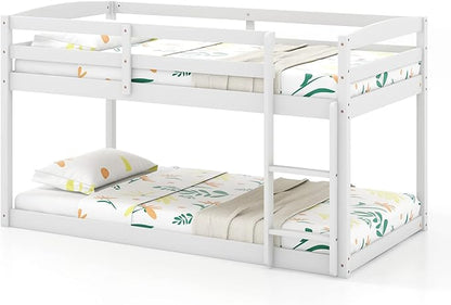KOMFOTT Low Bunk Bed Twin Over Twin, Solid Wood Bunk Bed Frame with Built-in Ladder & Safety Guardrails, Space-Saving Low Bunk Bed for Kids, Teens, No Box Spring Needed