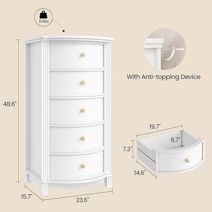 AuraCurve Tall 5-Drawer Chest, Elegant Dresser with Five Arc Fronts, Roman Column Decor, Slim Floor Standing Storage Cabinet, 48.6x23.6x15.7 Inches(White, 5 Drawer)