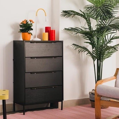 tinge Lira Premium Fabric Dresser - Solid Wooden Frame, 4 Spacious Sag-Proof Drawers with Sleek Metal Handles - Sleek & Durable Storage Solution for Your Home (Black)