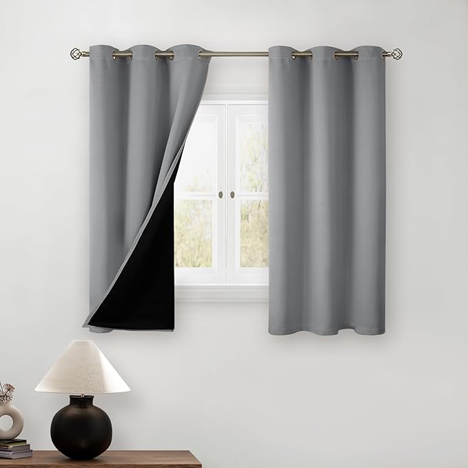 BGment Short 100% Blackout Curtains for Bedroom, Thermal Insulated Energy Efficiency Noise Reducing Grommet Curtains 45 Inch Length with Liner for Small Window 2 Panels Each 42 Inch Wide,Dove Grey