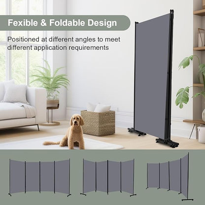 Room Divider Folding Privacy Screens with Wheels, 6FT Tall Divider for Room Separation, Movable Room Partitons and Dividers, Indoor Room Dividers Panel with Fabric (Grey, 4 Panel-136‘’-Round Pad)