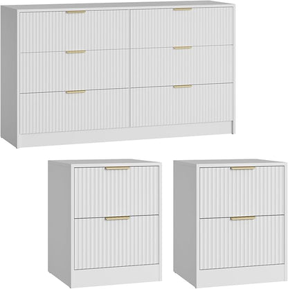6 Drawer Dresser and Nightstand Set 3-Piece, 55” Wide Bedroom Dressers & Night Stand Set of 2 with Metal Handle, Fluted Modern Wood Chest of Drawers Storage Dressers Set for Bedroom, White