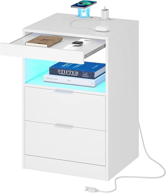 Tiptiper LED Nightstand with Wireless Charging Station, Bedside Table with LED Lights, End Table with 2 Drawers, 1 Pull-Out Tray and Open Storage, Modern Night Stand with USB Ports and Outlets, White