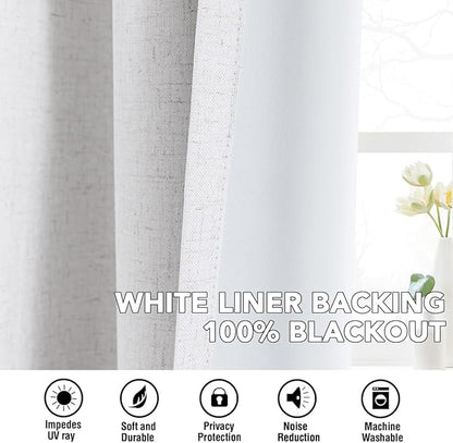 H.VERSAILTEX Linen Curtains 100% Blackout Curtains for Bedroom 54 inch Long Full Light Blocking Nature Linen Blended Window Curtains for Living Room Nickel Grommet (2 Panels, Heathered White)