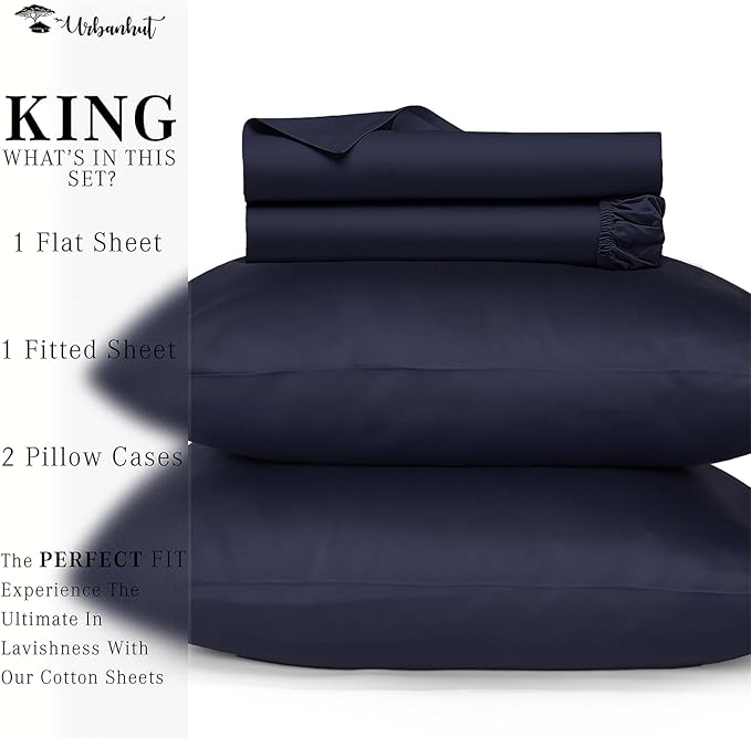 URBANHUT 800 Thread Count 100% Cotton King Size Sheets, Luxury 4 Piece King Bedsheets, Hotel Sheets Sateen Finish - Better Than Egyptian, 16" Elasticized Deep Pocket - Navy Blue