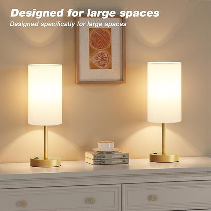Fenmzee Gold Nightstand Bedroom Lamp - 3 Way Dimmable Bedside Lamp USB C A Charging Ports and AC Outlet, Small Table Lamp Linen Lampshade for Office Desk
