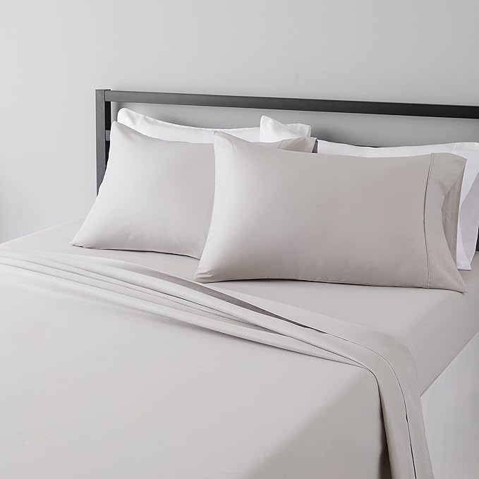Amazon Basics Lightweight Super Soft, Wrinkle-Free Easy Care Microfiber 4 Piece Bed Sheet Set with 14-Inch Deep Pockets, King, Light Gray, Solid