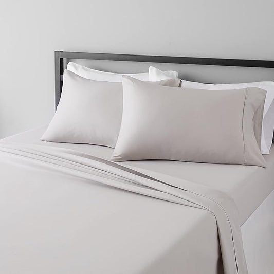 Amazon Basics Lightweight Super Soft, Wrinkle-Free Easy Care Microfiber 4 Piece Bed Sheet Set with 14-Inch Deep Pockets, King, Light Gray, Solid