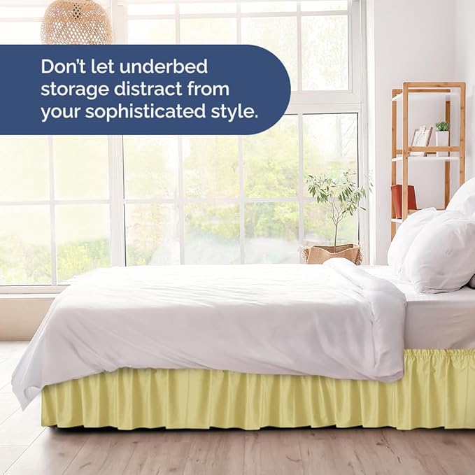 Wrap Around Dust Ruffle Bed Skirt - Yellow - for King Size Beds with 15 Inch Drop - Easy Fit Elastic Strap - Adjustable Pleated Bedskirt w/Brushed Fabric - Wrinkle Free - for Women, Men, Kids & Teens