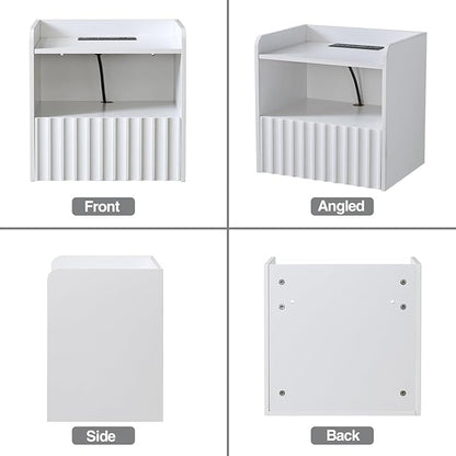 Modern Fluted Floating Nightstand Wall Mounted - Bedside Table with Storage Drawer & Display Shelf, Minimalist Bedroom Furniture for Studio Apartments (Matte White)
