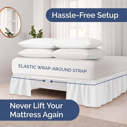 Wrap Around Dust Ruffle Bed Skirt - White - for Full Size Beds with 21 Inch Drop - Easy Fit Elastic Strap - Adjustable Pleated Bedskirt w/Brushed Fabric - Wrinkle Free - for Women, Men, Kids & Teens