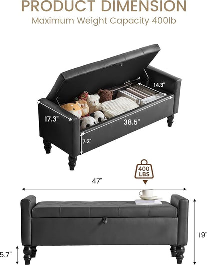 47" Storage Ottoman Bench, End of Bed Bench for Bedroom, Leather Upholstered Ottoman with Storage for Living Room, Entryway, Window (Black)
