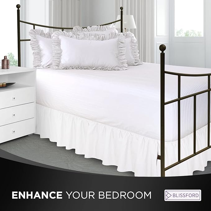 BLISSFORD White Bed Skirt King Size 18 inch Drop - with Split Corners - Cotton Blend Ruffled Bed Skirt, Dust Ruffle with Platform, White King Size BedSkirt, Machine Washable