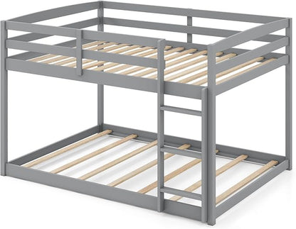 KOMFOTT Low Bunk Bed Full Over Full, Solid Wood Full Bed Frame with Built-in Ladder & Safety Guardrails, No Box Spring Needed, Space-Saving Low Bunk Bed for Kids & Teens