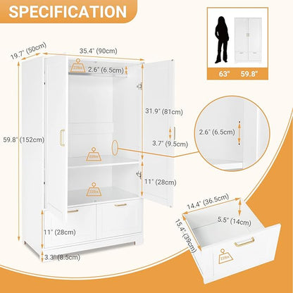VINGLI Armoire Wardrobe Closet with Doors and Drawers, Wardrobe Cabinet, Armoire with Drawers, White Closet, 35" W x 20" D x 60" H