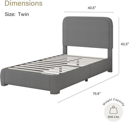BarnFurin Twin Size Bed Frame, Boucle Upholstered Platform Bed Frame with Headboard, Modern Style, Soft Rounded Corners, No Box Spring Required, Easy Assembly, Dark Grey