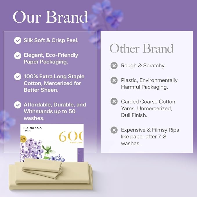 Carressa Linen 100% Egyptian Cotton Queen Sheet Set - 600 Thread Count Egyptian Cotton Queen Sheets Set (4 PC, Beach Sand) Ultra Soft, Cooling, 16" Deep Pocket Sateen Weave Luxury Hotel Bed Sheet