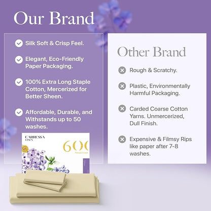 Carressa Linen 100% Egyptian Cotton Queen Sheet Set - 600 Thread Count Egyptian Cotton Queen Sheets Set (4 PC, Beach Sand) Ultra Soft, Cooling, 16" Deep Pocket Sateen Weave Luxury Hotel Bed Sheet
