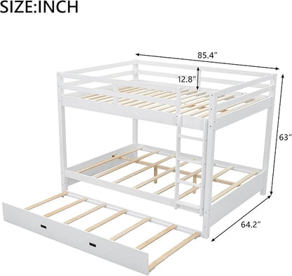Bellemave Queen Over Queen Size Bunk Bed with Trundle for Kids/Adults,Solid Wood Bunk Bed Frame Queen Size with Ladder & Safety Guardrails,White