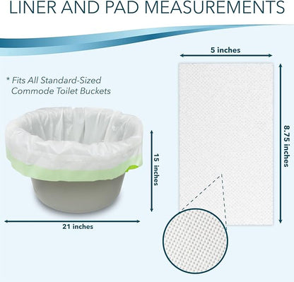 TidyCare Disposable Bedside Commode Liners and Pads for Portable Toilet Chair Seat Bucket and Bedpan | Combo Pack of 24 Waste Bags and 24 Absorbent Pads | Universal Fit