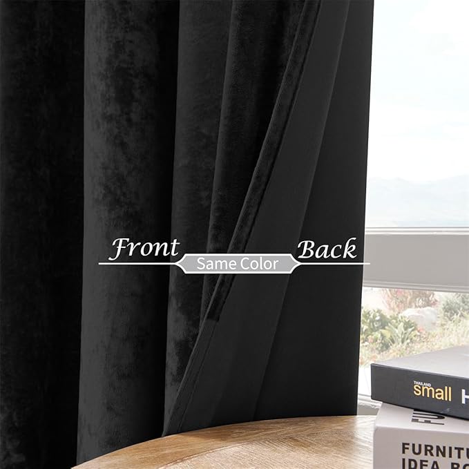 SMILETIME Black Crushed Velvet Curtains 52x96 inch Luxurious Thermal Insulated Soundproof Drapes for Living Room Bedroom Office Soft and Durable Light-Filtering Window Treatments, 2 Panels