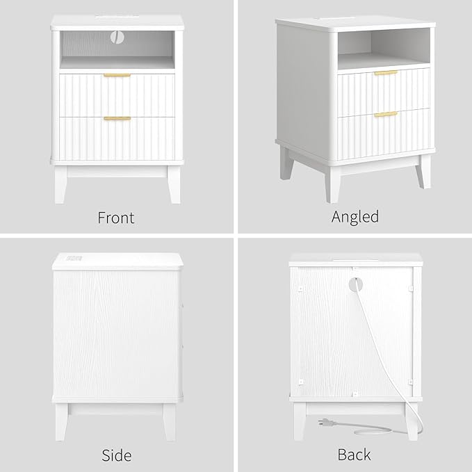 Night Stand Set of 2 with Charger Station, Fluted Nightstand with Drawers and Storage Shelf, Mid Century Modern Bedside Table Nightstands, Large Bed Side Table Wood Night Stands for Bedroom