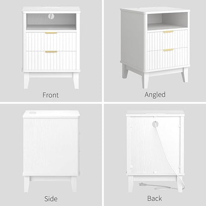 Night Stand with Charger Station, Fluted Nightstand with Drawers and Storage Shelf, Mid Century Modern Bedside Table Nightstands, Large Bed Side Table Wood Night Stands for Bedroom Living room