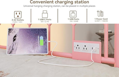 GarveeHome Twin Size Daybed with Charging Station and LED Lights, Metal Bed Frame with Trundle, Sofa Beds Frame with Steel Slat Support for Living Room, Guest Room, Apartment, Small Spaces, Pink