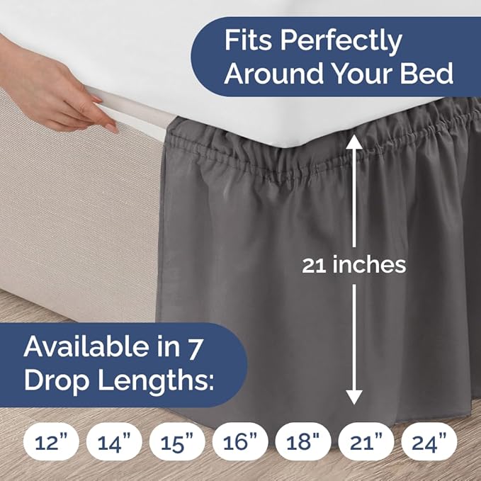 Wrap Around Dust Ruffle Bed Skirt - Dark Grey - for Full Size Beds with 21 Inch Drop - Elastic Strap - Adjustable Pleated Bedskirt with Brushed Fabric and Wrinkle Free - for Women, Men, Kids & Teens