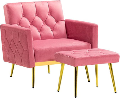 Velvet Accent Chair w/Adjustable Armrests and Backrests, Tufted Single Sofa with Ottoman, Upholstered Reading Chiar for Living Room, Apartment, Bedroom, Pink