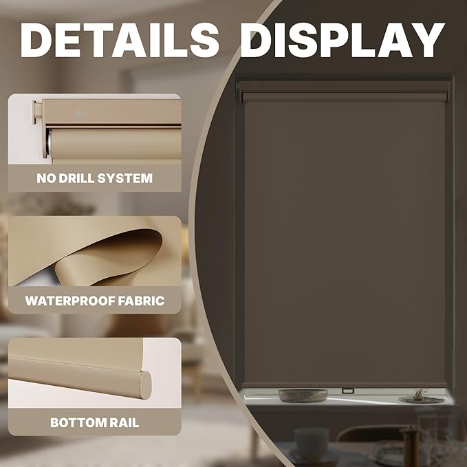 HESTIA No Drill Cordless Blackout Roller Shades Screwless Waterproof Shower Window Blinds, Auto-Retraction Easy Install Blind for Bathroom/Kitchen/Office/Exterior, Greige, 45.5" W x 72" H