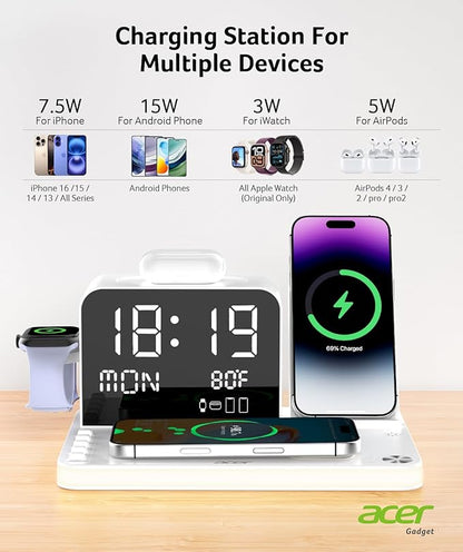 Acer 7-in-1 Wireless Charging Station with LED Clock - 30W Fast Wireless Charger for iPhone 16/15/14/13/12/Pro Max, Apple Watch, AirPods - Bluetooth Auto Time Sync & Night Lights (White)