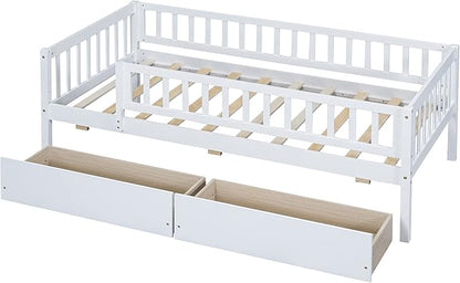 Bellemave Twin Bed Frames with Rails for Kids, Twin daybed Frame with Drawers for Boys/Girls/Adults，White