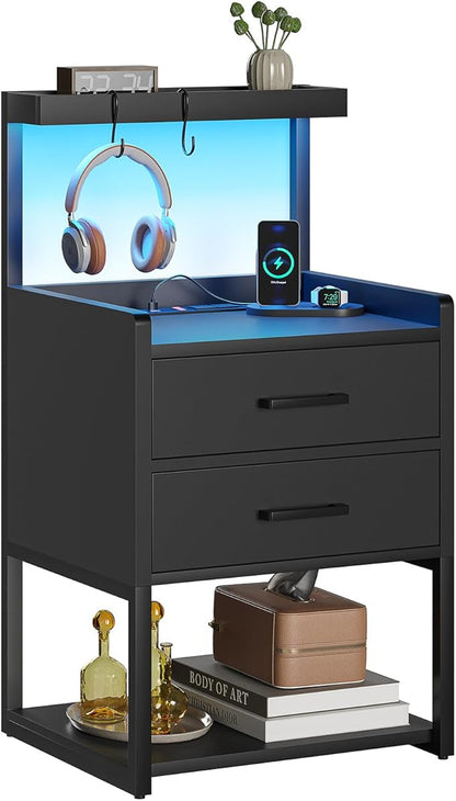 VIAGDO Nightstands Set of 2 with Charging Station, LED Night Stand with 2 Drawers, Black Modern Bedside Tables with Open Storage Shelves, End Side Tables for Bedroom, Office