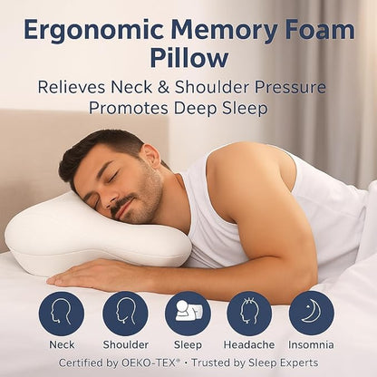 Extra High Loft Cervical Pillow for Side Sleepers, 6.30" Ergonomic Memory Foam Pillow for Broad Shoulders, Dual-Height Design, Washable Cove
