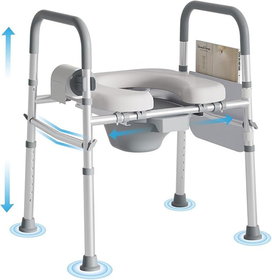 Bedside Commode for Seniors, FSA/HSA Eligible Bedside Toilet with Adjustable Width and Height, 400 LBS Weight Capacity, 16.5 Inch Extra Large Soft Seat Plate