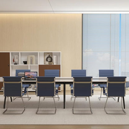 Wahson Office Guest Chairs Set of 8, Leather Reception Chairs, Mid Back Waiting Room Chair, Conference Chairs with Sled Base, Desk Chair No Wheels for Meeting/Lobby/Restroom, Navy Blue