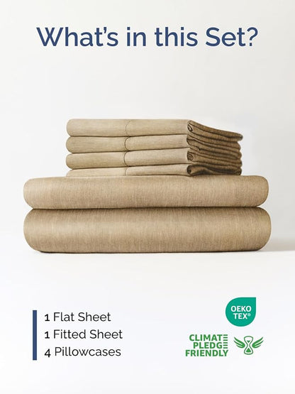 Extra Deep Full Sheet Set - 6 Piece Breathable and Cooling Sheets - Hotel Luxury Bed Sheets Set - Easy Fit - Soft, Wrinkle Free and Comfy Sheets Set - Heathered Tan Sheet Set with Extra Deep Pockets