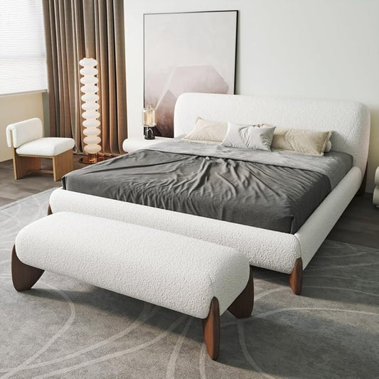 homary Modern Bedroom Furniture Set 2 Piece, White Boucle Queen Size Platform Bed Set & Bedroom Bench with Solid Rubber Wood Legs, Upholstered Headboard for Master Suite or Guest Room