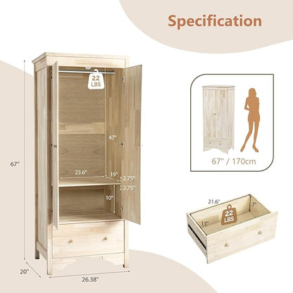 VINGLI Solid Wood Wardrobe Closet, Unfinished Natural Rubber Wood Armoire Color DIY, Wooden Wardrobe Closet with Doors and Drawers, Real Wooden Armoire for Hanging Clothes